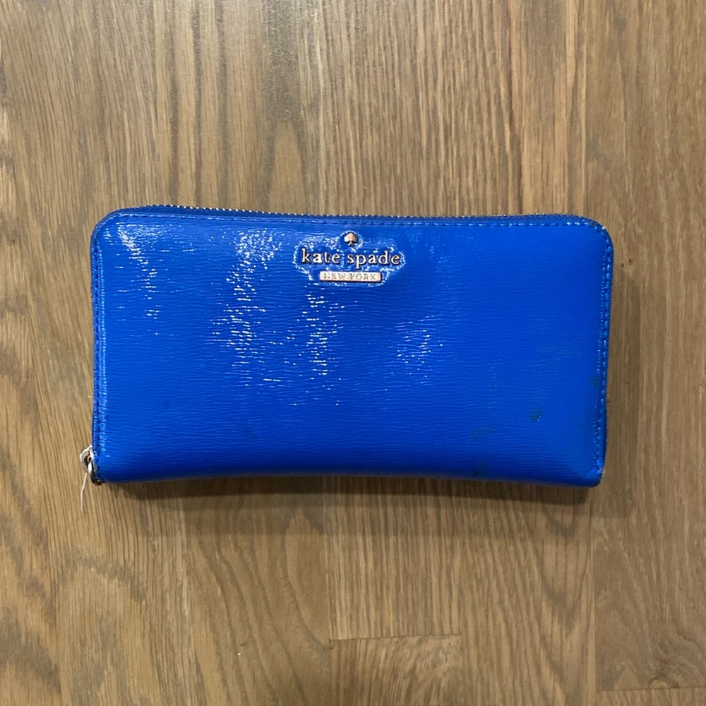 Kate Spade Women’s Royal Blue Gold Leather Textured Shinny Zipper Long Wallet